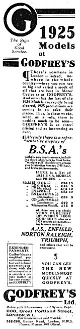 Godfreys Motor Cycle Sales & Service 1924 Advert                 
