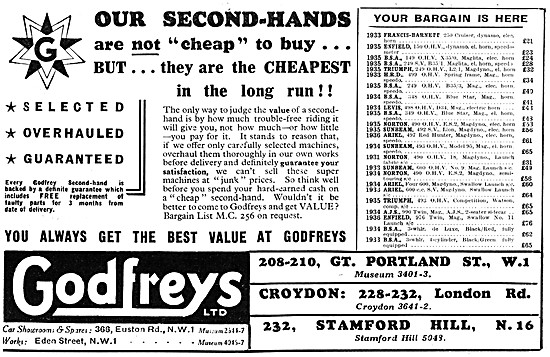 Godfreys Motor Cycle Sales & Service 1936 Advert                 