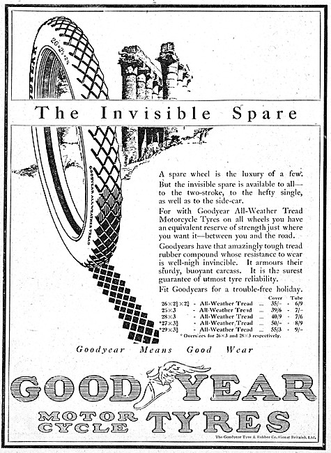 Goodyear Motor Cycle Tyres 1923 Sizes                            