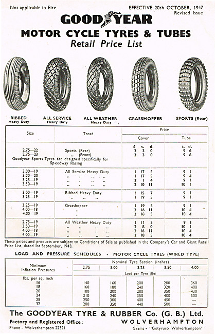 Goodyear Motor Cycle Tyres Illlustrated Retail Price List 1948   