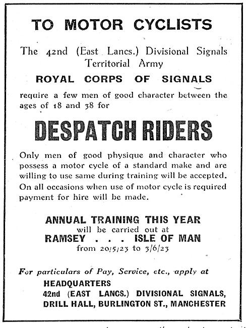 1923 Royal Corps Of Signals Despatch Riders Recruitment Advert   