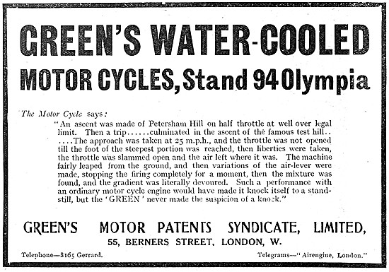 1910 Greens Water Cooled Motor Cycle                             