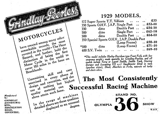 Grindlay-Peerless Motor Cycles 1929 Models                       