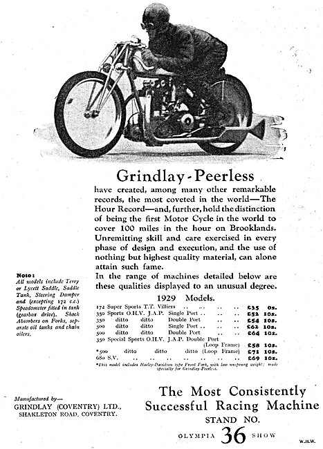 Grindlay-Peerless Motor Cycles Advert 1928                       