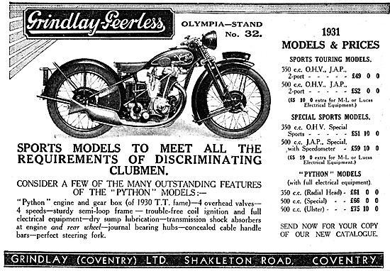 Grindlay-Peerless Sports Touring Models & Prices 1931            