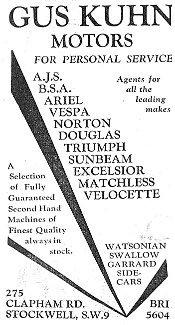 Gus Kuhn Motor Cycle Sales  Service 1951. 275 Clapham Rd.        