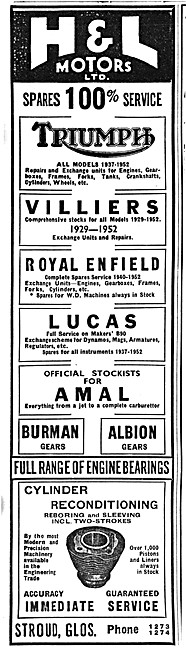 H & L Motors Motorcycle Sales. Stroud, Glos. 1952 Advert         