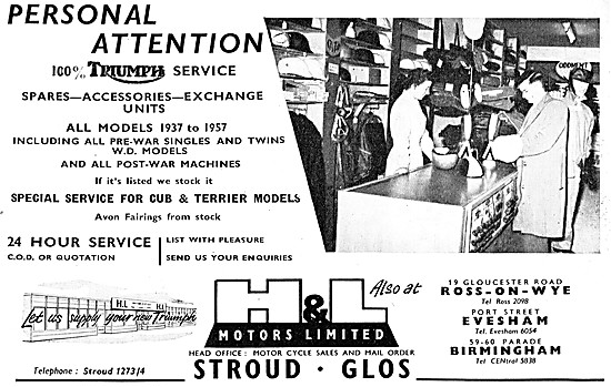 H & L Motors Motorcycle Sales & Service. Strod, Glos. 1957 Advert