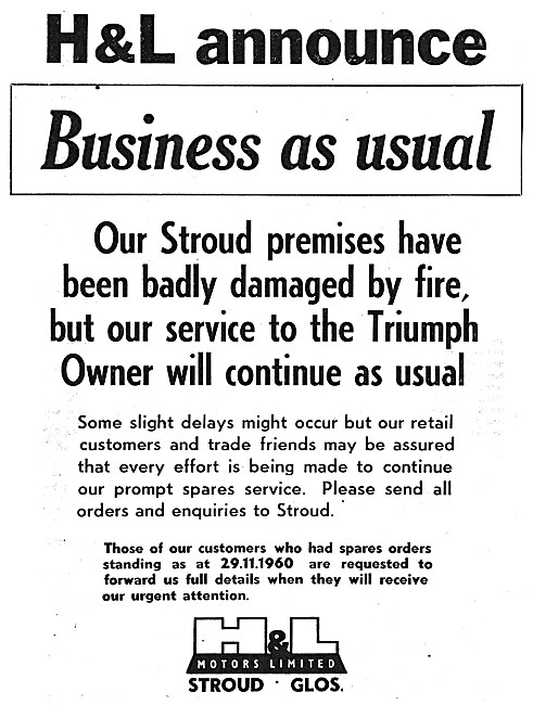 H & L Motors Fire Announcement 1960                              