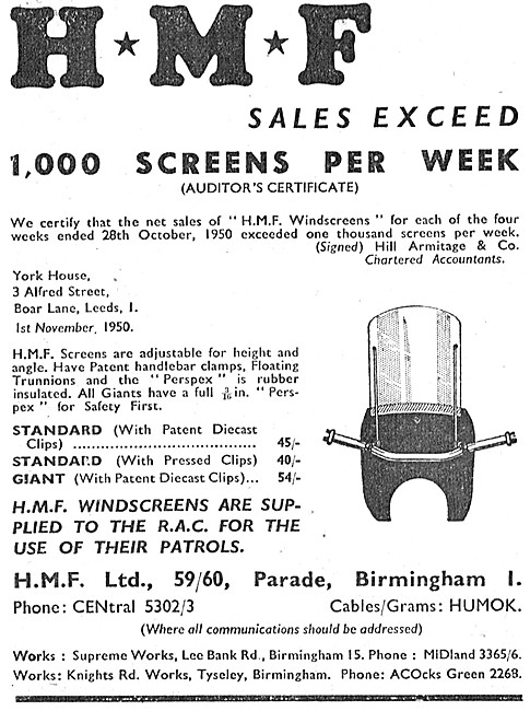 HMF Motor Cycle Windscreens 1951 Advert                          