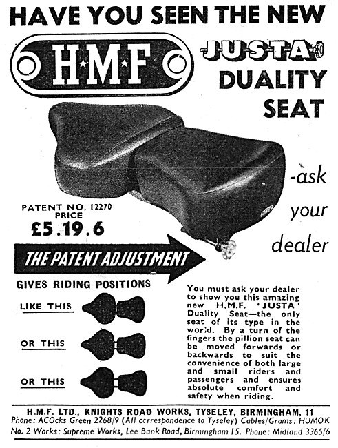 1952 HMF Justa Duality Motor Cycle Seat                          
