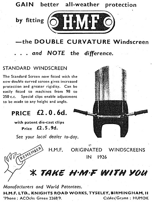 1954 HMF Double Curvature Motor Cycle Windscreen                 