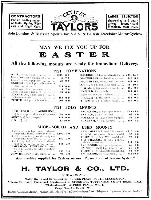 Taylors Motor Cycle Sales 1921 Advert                            