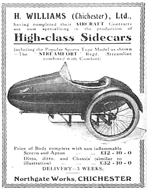 H.Williams Sidecars. Northgate Works, Chichester. 1919 Advert    