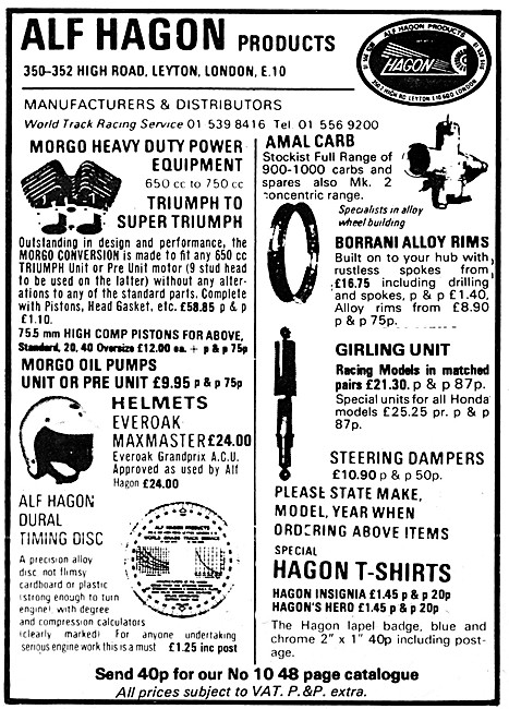 Alf Hagon Motorcycle Performance Parts 1976 Advert               