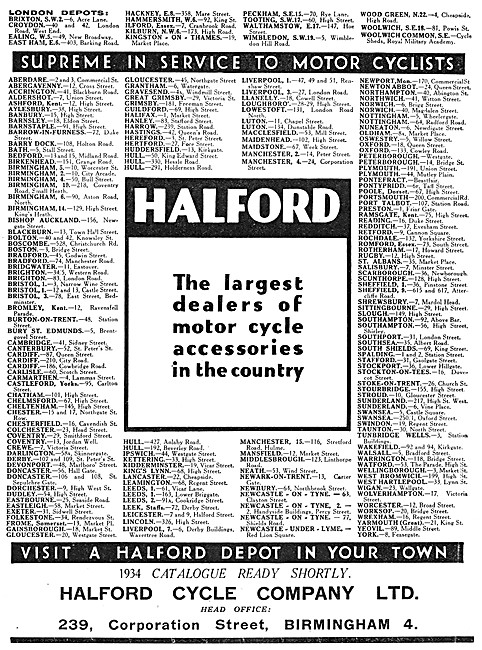 Halfords Motor Cycle Parts & Accessories 1934 Branch Listings    