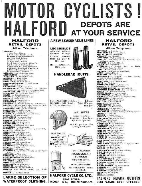 1926 List Of Halford Retail Depots - Halfords Motor Cycle Product