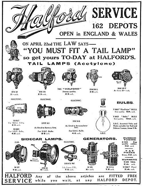 Halfords Motorcycle Lighting 1928 Advert                         