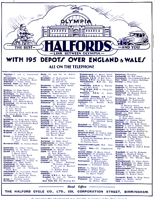 1931 List Of Halfords Stores In the UK                           