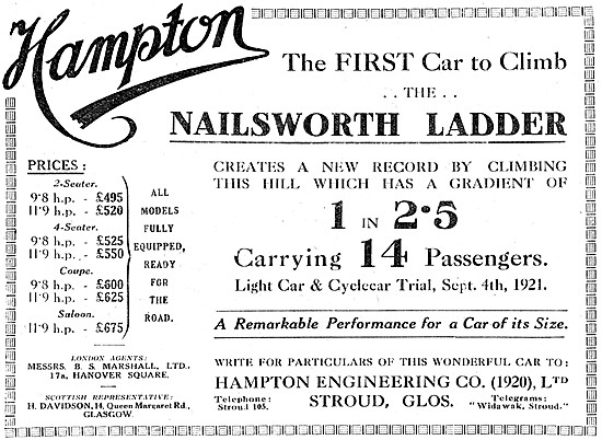 Hampton Motor Cycle Range 1921                                   