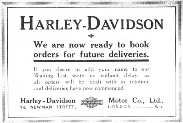 1919 Harley-Davidson Motor Cycles Advert                         