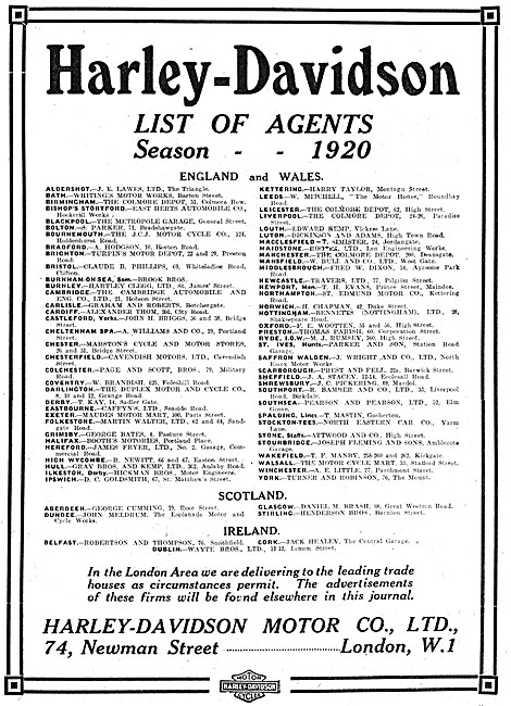 The 1920 List Of UK Harley-Davidson Motor Cycles Sales Agents    