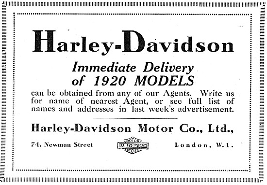 1920 Harley-Davidson Motor Cycles Advert                         