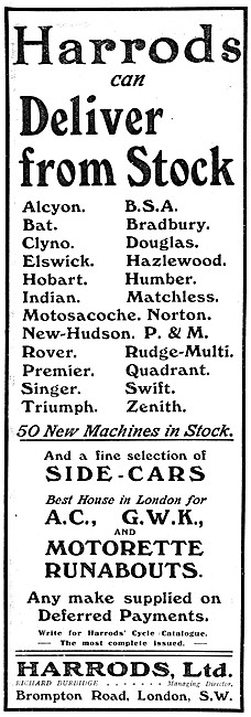Harrods Motorcycle Sales 1912 Advert                             
