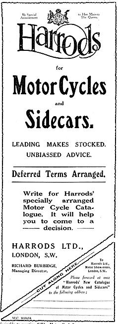 Harrods Motorcycles & Sidecars 1914 Advert                       