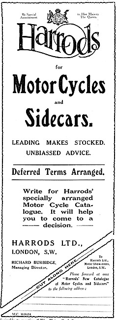 Harrods Motorcycles & Sidecars 1914 Advert                       