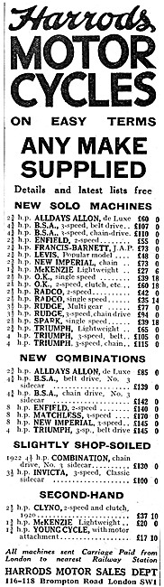 Harrods Motorcycle, Cyclecar & Three Wheeler Sales 1923 Advert   