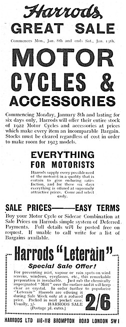 Harrods Motorcycle Accessories 1923 Catalogue Items              