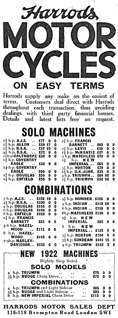 1923 Harrods Motorcycle Sales Advert                             