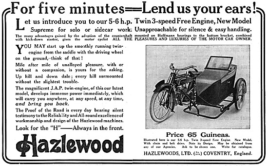 1913 Hazlewood 5-6 hp Twin 3 Speed Free Engine Motor Cycles      