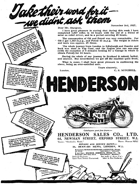 1927 Henderson Four Cylinder Motor Cycles                        
