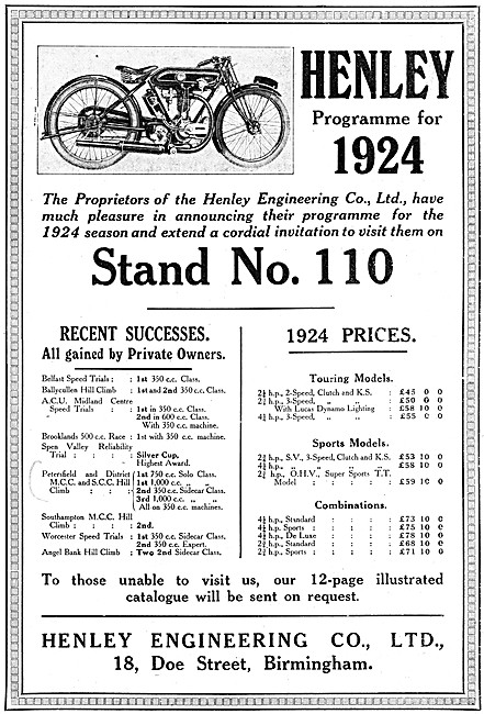 1924 Henley Motor Cycles Model List & Prices                     
