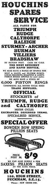 Houchins Motor Cycle Parts & Spares. 188 High St Peckham. 1930 Ad