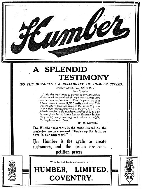 Humber Bicycles & Motor Cycles 1910                              