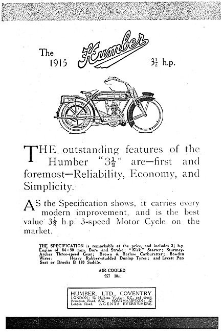 1914 Humber 3 1/2 hp 3 Speed Motor Cycle                         