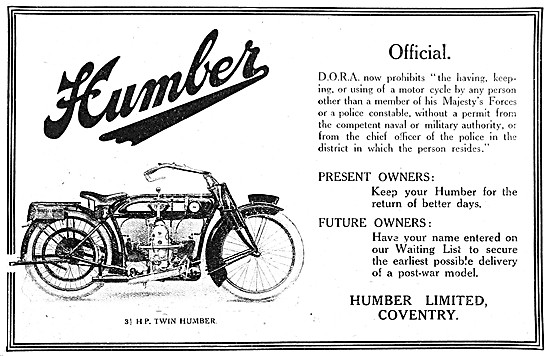 1918 3.5 hp Twin Humber Motor Cycle                              