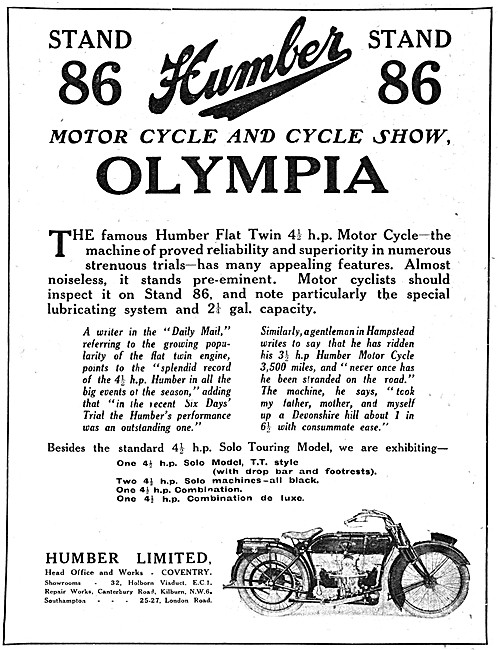 Humber Standard 4.5 hp Solo Touring Motor Cycle                  