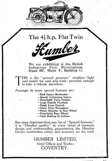 1920 Humber 4.5 hp Flat Twin Motor Cycle                         