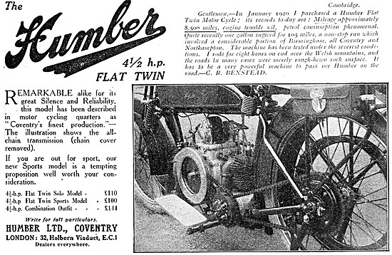 1922 Humber 4.5 hp Flat Twin Motor Cycle                         