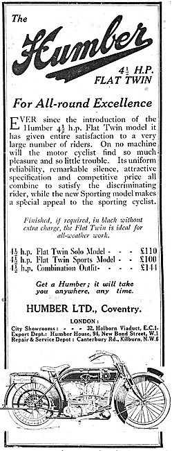 Humber Flat Twin Motor Cycles 1922                               