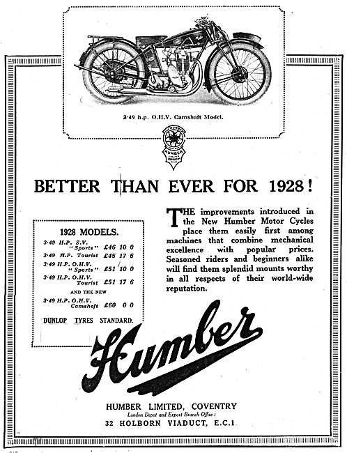1928 Humber Motor Cycles & Prices - Humber 3.49 OHC Motor Cycle  