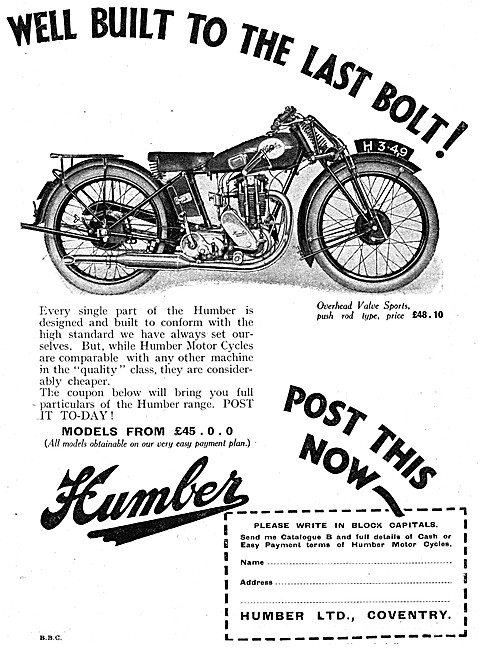 1929 Humber 3.49 hp Sports Motor Cycle                           