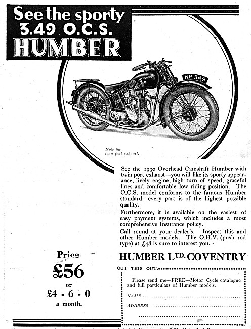 1930 Model OCS Twin Port Humber Motor Cycle                      