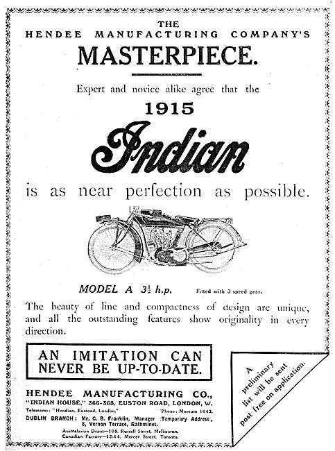 1914 Indian Model A  3 1/2 hp Motor Cycle                        