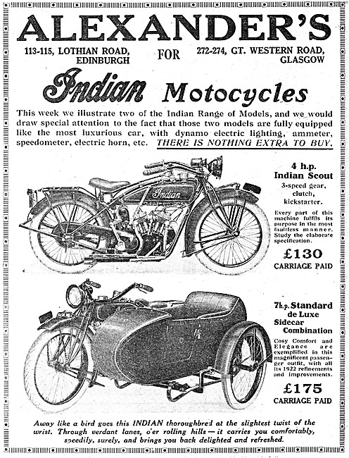 4 hp V Twin Indian Scout Motor Cycle - 7 hp Indian De Luxe       