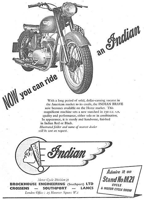 Indian Brave 250 cc Side Valve Motorcycle 1953 Advert            